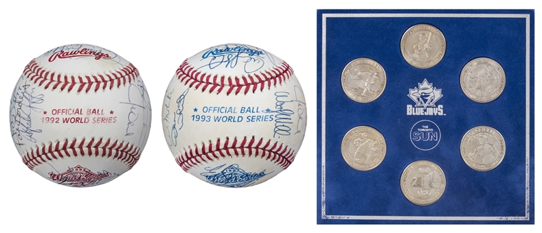 Lot of (3) 1992 & 1993 Toronto Blue Jays Team Signed World Series Baseballs With Set of (6) Commemorative Coins (Beckett PreCert)